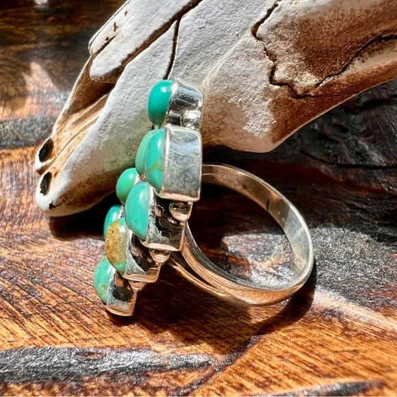 925 Sterling Silver Kingman Turquoise Rectangle Cluster Ring Sz 8 • Southwestern - Picture 3 of 10